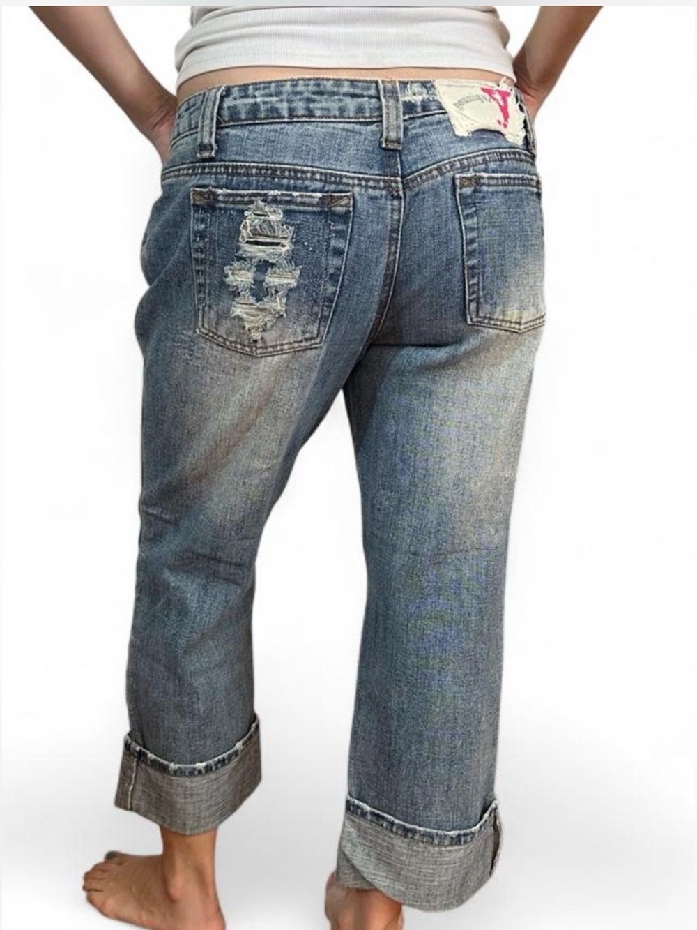 Y2K Style Younique Blue Low Rise Capri Jeans Cuffed Distressed Denim 11 Fits Sm
